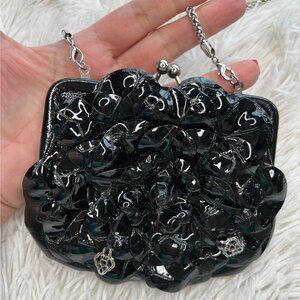 Brighton Rosalie Coin Purse Mini‎ Crossbody Black Floral Flower Patent Leather